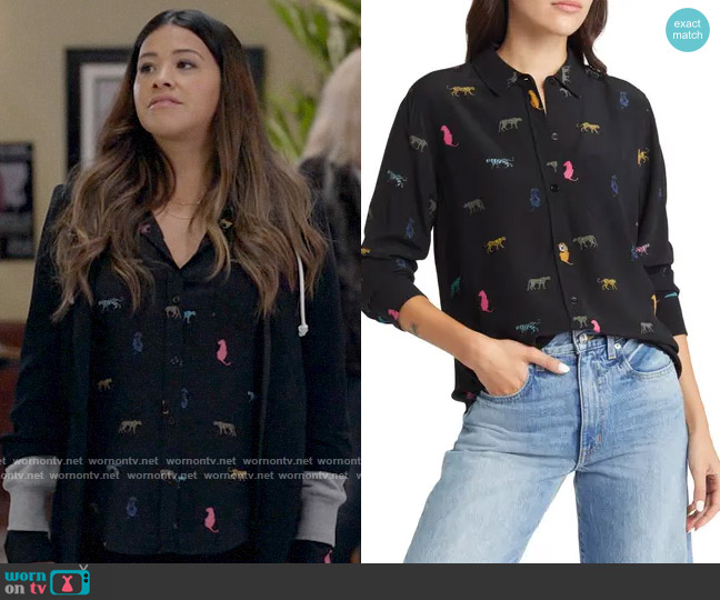 Rails Kathryn Wild Cat Print Button-Up Shirt worn by Nell Serrano (Gina Rodriguez) on Not Dead Yet