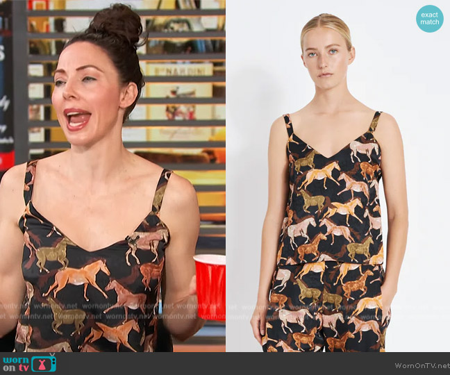 Raquel Allegra Horses Print Silk Jacquard Drew Tank Top worn by Whitney Cumming on Access Hollywood