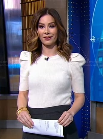 Rebecca’s white ribbed puff sleeve sweater on Good Morning America