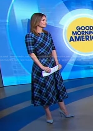 Rebecca Jarvis’s blue plaid midi dress on Good Morning America