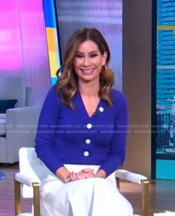 Rebecca’s blue ribbed cardigan on Good Morning America