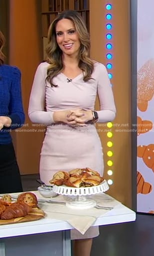 Rhiannon’s pink asymmetric neck top and skirt on Good Morning America