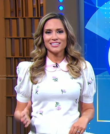 Rhiannon's white floral puff sleeve top and pants on Good Morning America