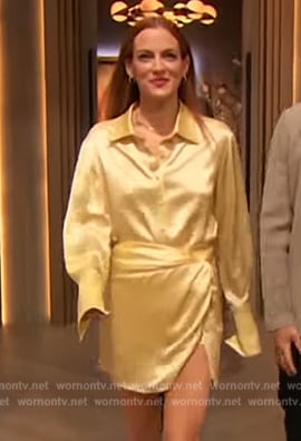 Riley Keough’s yellow satin top and skirt on The Drew Barrymore Show