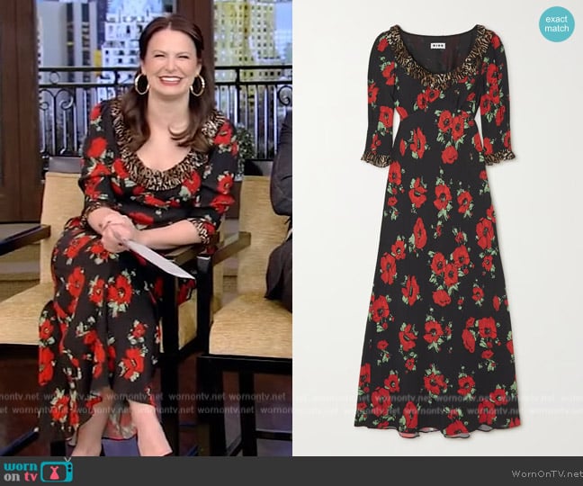 Rixo Juliette ruffled printed crepe midi dress worn by Katie Lowes on Live with Kelly and Mark