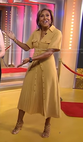 Robin’s beige pleated shirtdress on Good Morning America