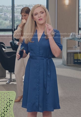 Sadie's blue button down dress on American Auto