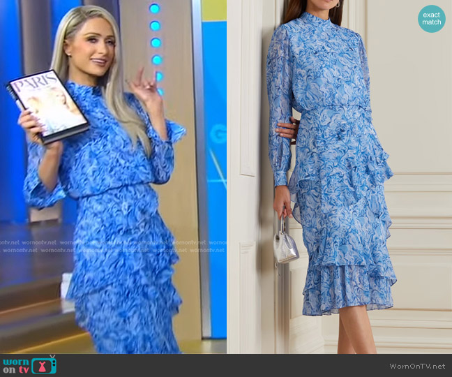 Saloni Isa Ruffled Printed Silk-Georgette Midi Dress worn by Paris Hilton on Good Morning America