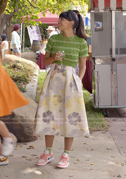 Sam's green knit top and floral midi skirt on Not Dead Yet