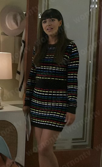 Sam's rainbow striped sweater and skirt on Not Dead Yet