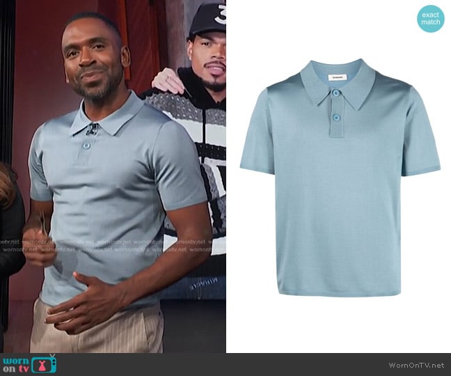 Sandro Fine-Knit Short-Sleeve Polo Shirt worn by Justin Sylvester on E! News