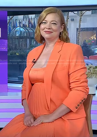 Sarah Snook’s orange pleated dress and blazer on Today