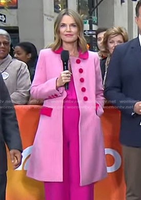 Savannah’s pink scalloped contrast coat on Today