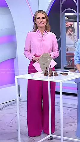 Savannah’s pink tie neck blouse and wide leg pants on Today