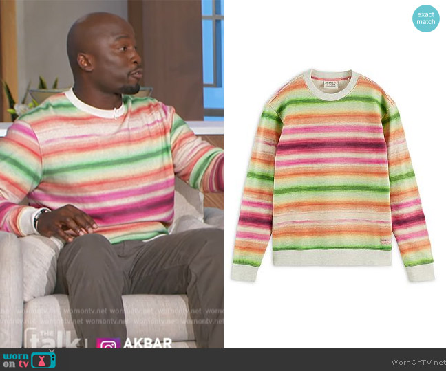 Scotch and Soda Cotton Gradient Stripe Regular Fit Crewneck Sweatshirt worn by Akbar Gbajabiamila on The Talk