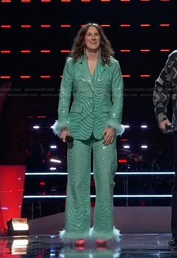 Laura Littleton’s sequin feather cuff blazer and pants on The Voice