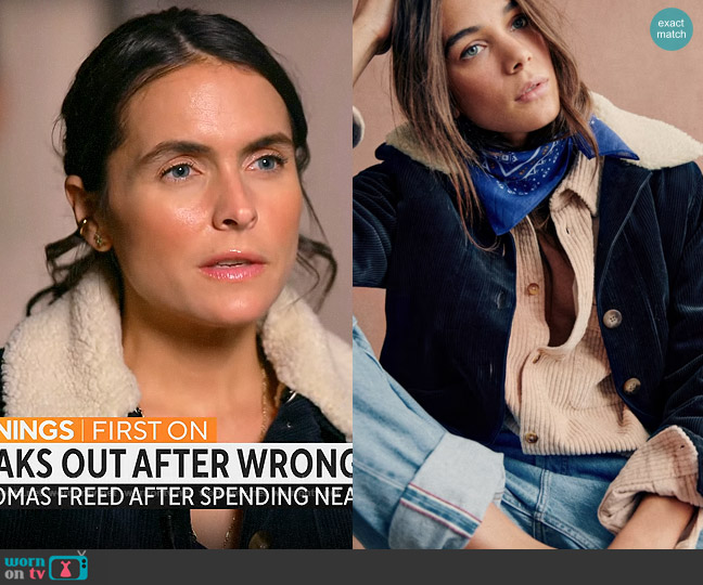 Sezane Will Jacket in Navy with Wool Collar worn by Lilia Luciano on CBS Mornings