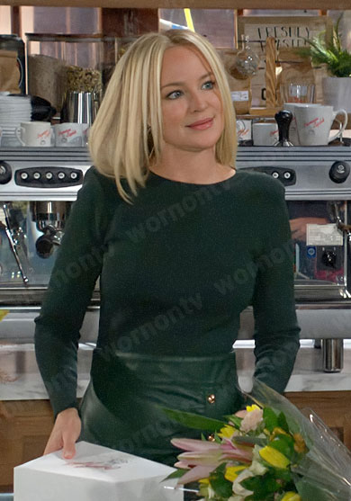 Sharon's green top and leather skirt on The Young and the Restless