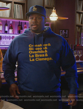 Sherm's blue Crenshaw print hoodie on Grand Crew