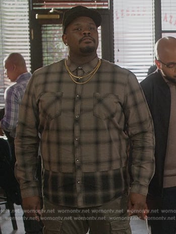 Sherm's gray plaid shirt on Grand Crew