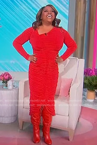 Sherri’s red ruched asymmetric dress on Sherri