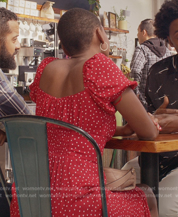 Simone's red polka dot print dress on Grand Crew