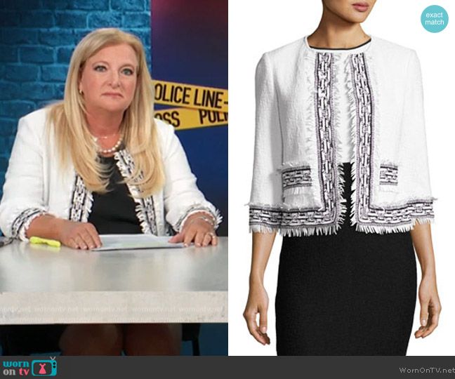 St. John Collection Clair Knit 3/4-Sleeve Fringe-Trim Jacket worn by Alison Triessl on Access Hollywood