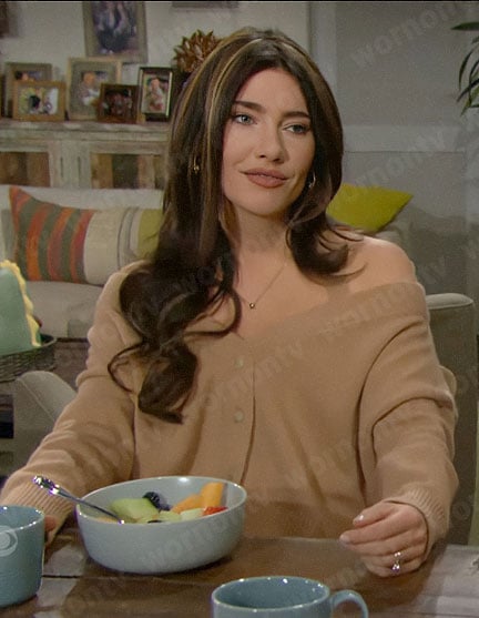 Steffy’s camel off-shoulder sweater on The Bold and the Beautiful