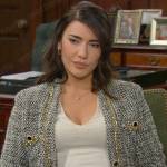 Steffy’s long tweed jacket with chain trims on The Bold and the Beautiful