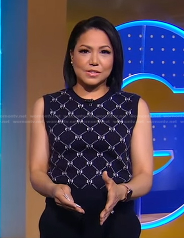 Stephanie’s navy bow print knit vest on Good Morning America