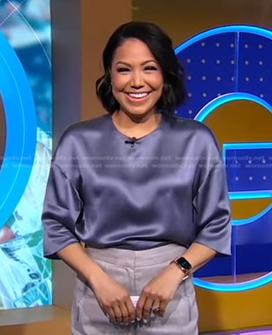 Stephanie’s purple elbow sleeve satin top on Good Morning America