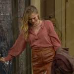 Summer’s pink blouse and leather skirt on The Young and the Restless