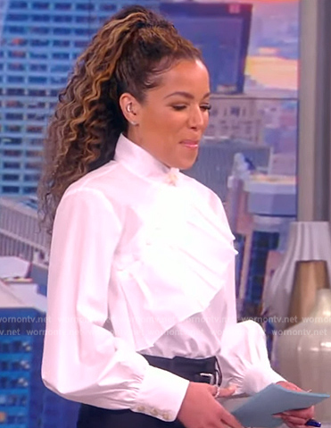 Sunny’s white ruffle front top on The View