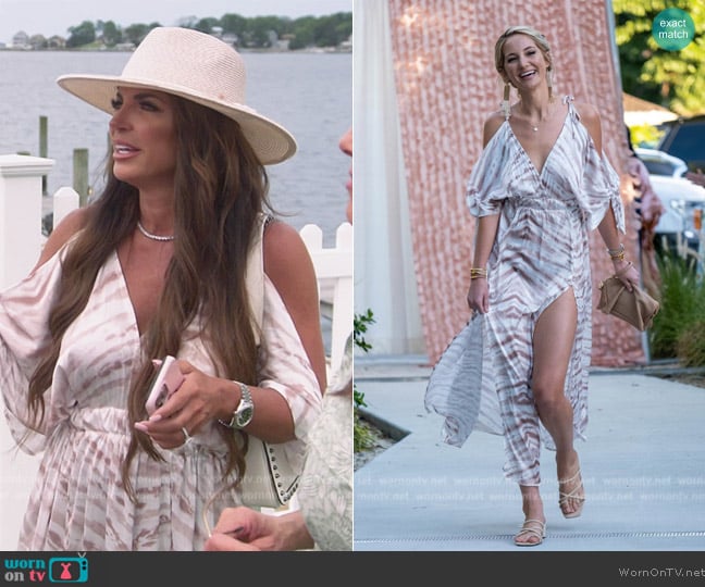 Miss Monroe Taupe Zebra Silky Maxi Dress worn by Teresa Giudice on The Real Housewives of New Jersey