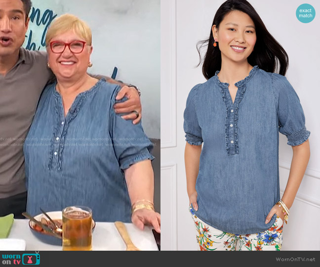 Talbots Ruffle Trim Denim Top worn by Lidia Bastianich on Access Hollywood