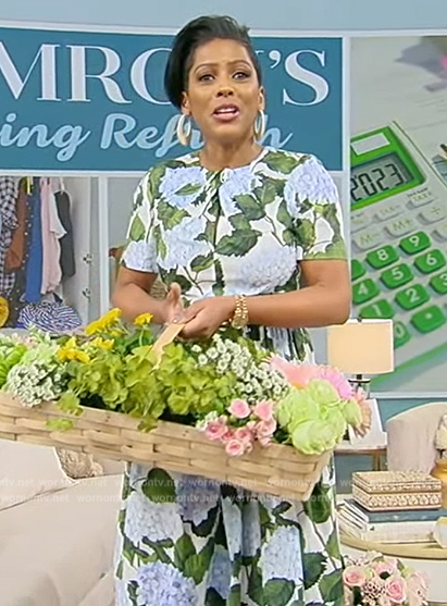 Tamron’s blue floral print flare dress on Tamron Hall Show