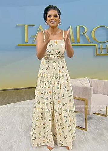 Tamron’s yellow floral embroidered maxi dress on Tamron Hall Show