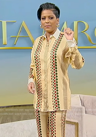 Tamron's beige embroidered shirt and pants on Tamron Hall Show