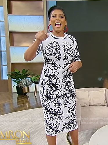 Tamron’s white jacquard sheath dress on Tamron Hall Show