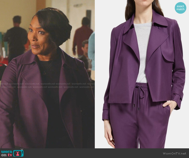 Theory Cropped Trench Jacket in Wool Flannel Plum worn by Athena Grant (Angela Bassett) on 9-1-1