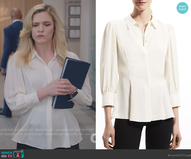 Theory Puff-Sleeve Silk Blouse with Godets worn by Sadie Ryan (Harriet Dyer) on American Auto