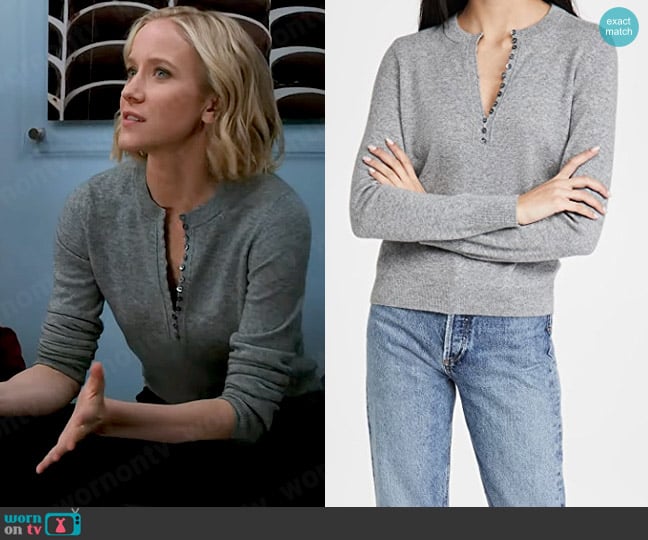 Theory Button Placket Henley Cashmere Sweater in Husky worn by Hannah Asher (Jessy Schram) on Chicago Med