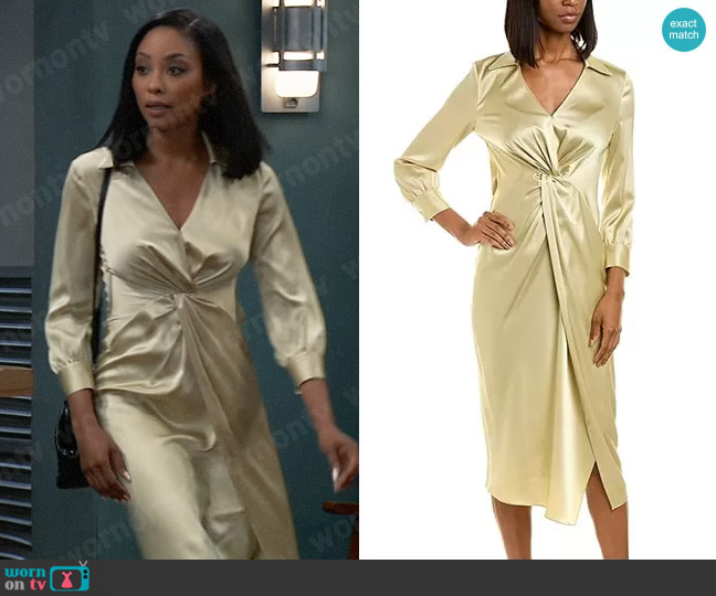 Theory Twist Midi Dress in Pale Lime worn by Jordan Ashford (Tanisha Mariko Harper) on General Hospital