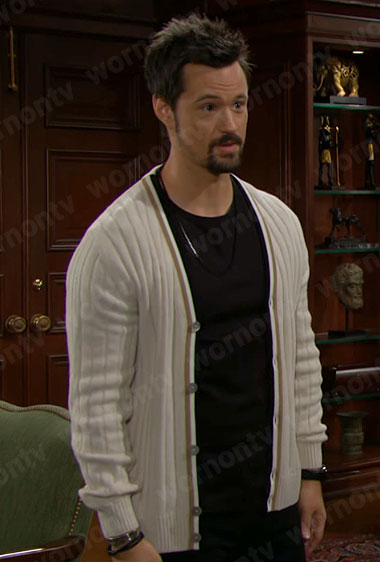 Thomas's white striped trim cardigan on The Bold and the Beautiful