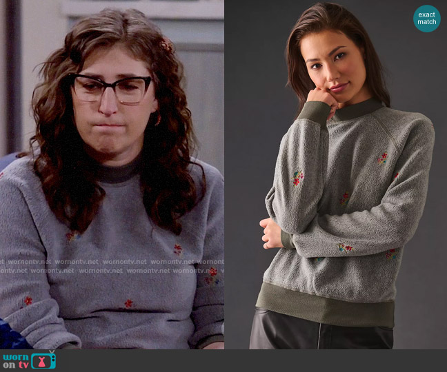 T.La at Anthropologie Embroidered Mock-Neck Sweatshirt in Moss worn by Kat Silver (Mayim Bialik) on Call Me Kat