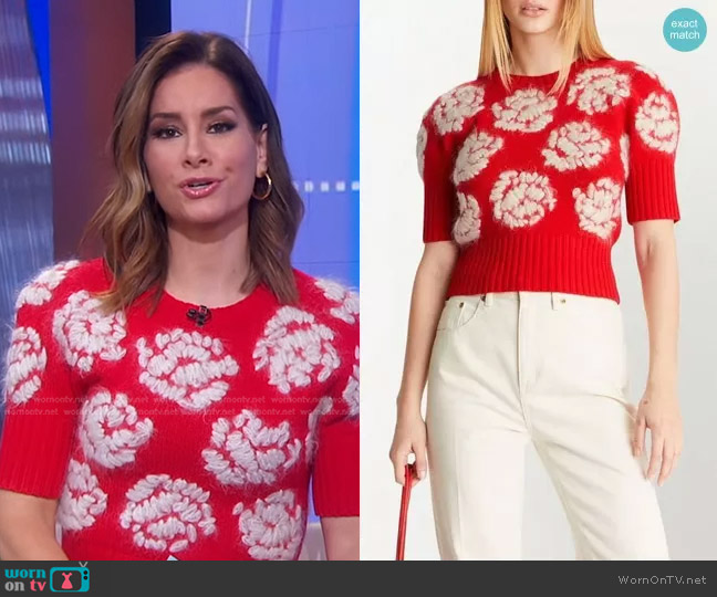 Tory Burch Rose-Embroidered Sweater worn by Rebecca Jarvis on Good Morning America