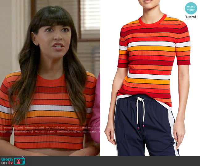 Tory Sport Tech Knit Striped Short-Sleeve Sweater worn by Sam (Hannah Simone) on Not Dead Yet