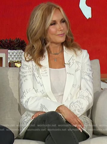 Tracey Bregman's white scribble print blazer on The Talk