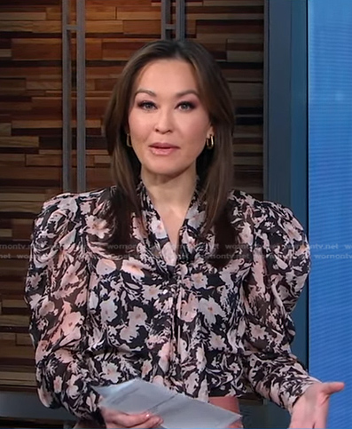 Eva’s black floral blouse and pink satin pants on Good Morning America