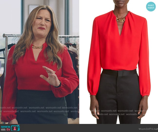 Valentino Cady Logo Chain Silk Blouse worn by Katherine Hastings (Ana Gasteyer) on American Auto